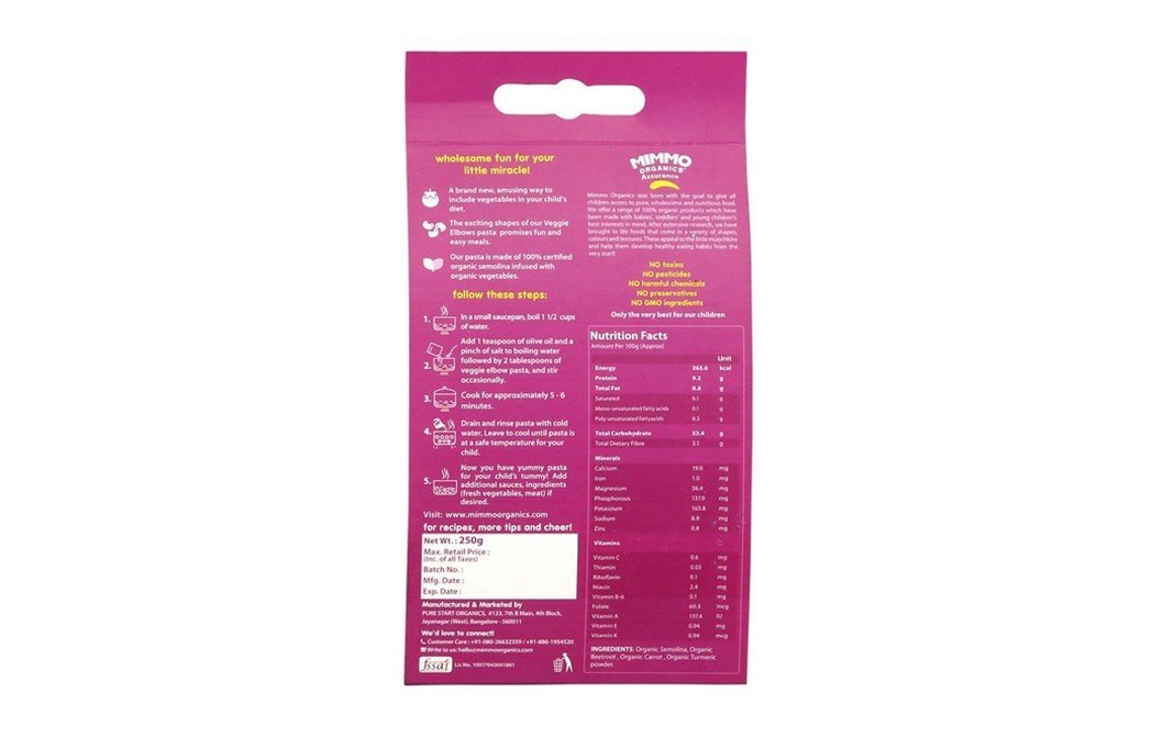 Mimmo Organics Veggie Elbows (Organic Wholesome Pasta)   Box  250 grams